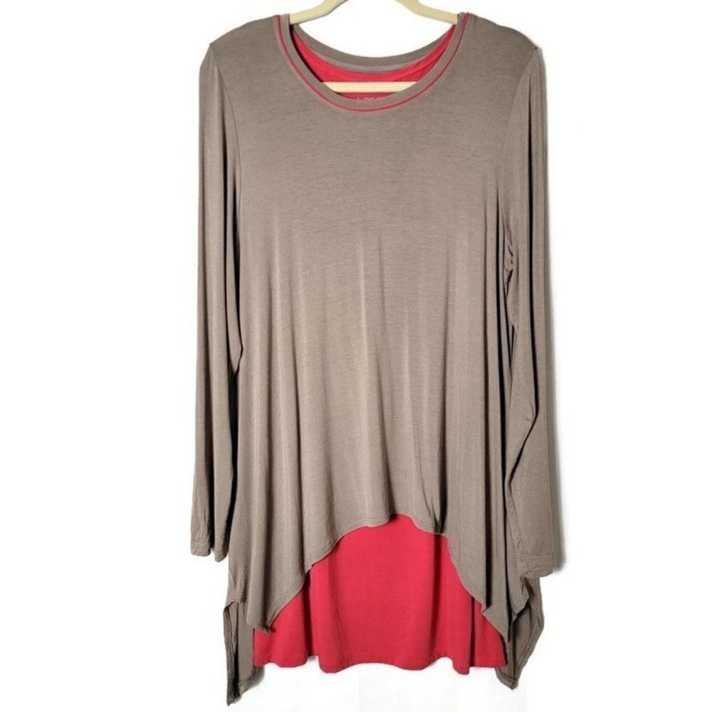 LOGO Layers Lori Goldstein Red Beige Minimalist Casual Long Sleeve Blouse Top L